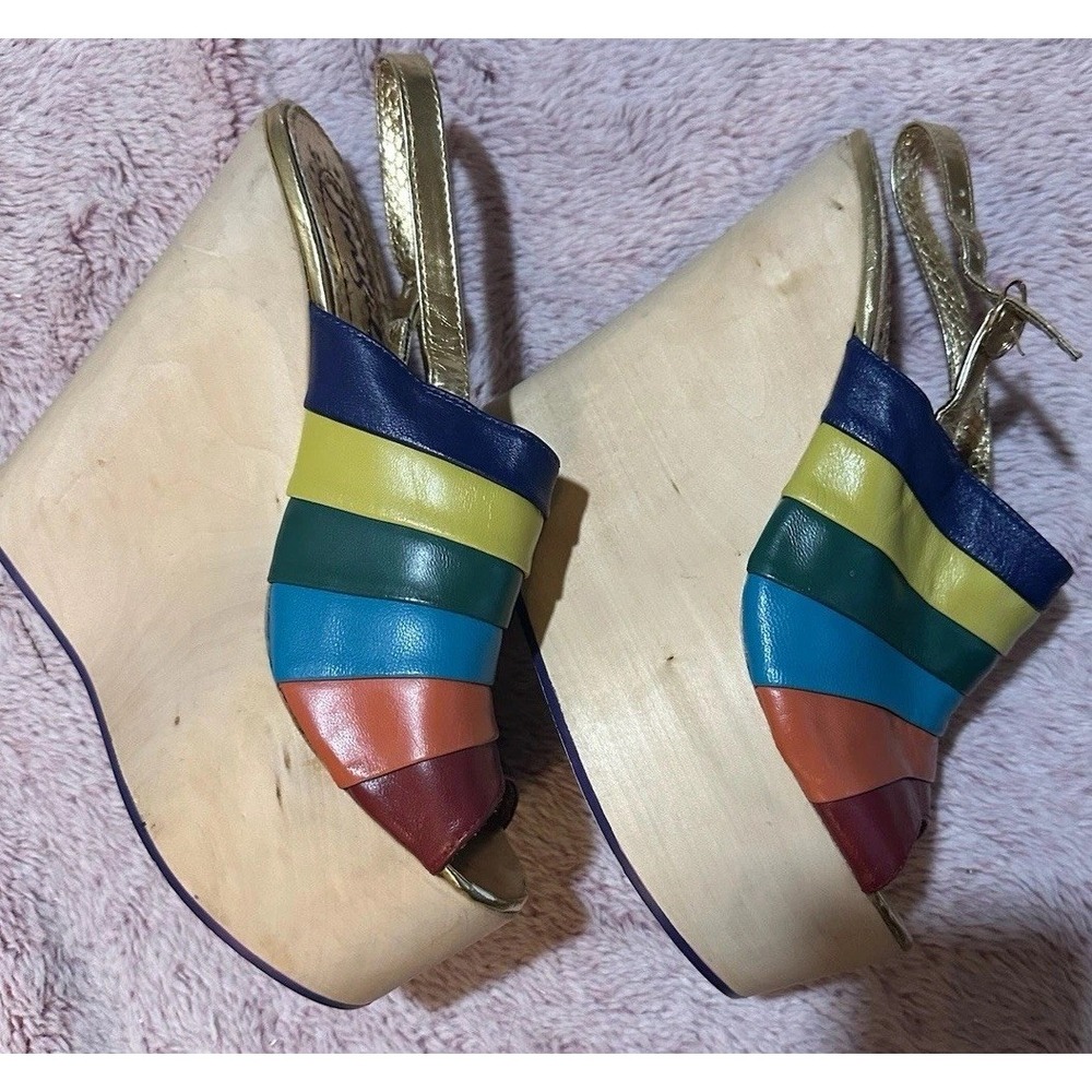 Irregular Choice Shoes Platform Rainbow Wooden Heels Wedge Peep Toe US 8 - Picture 3 of 4